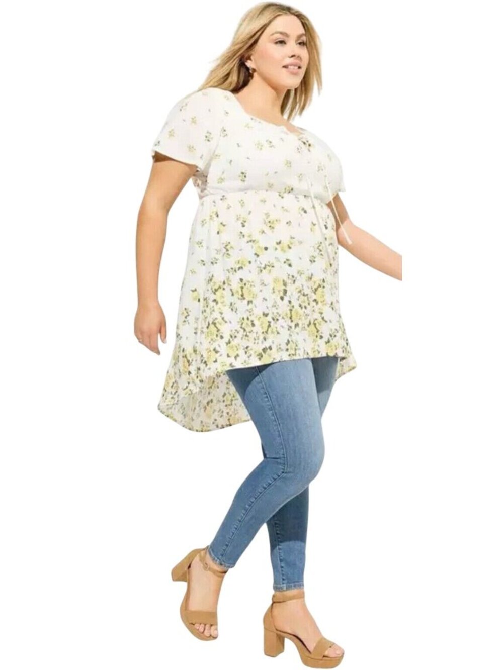Torrid Babydoll Washable Challis Lace-Up Hi-Low Top Nora Floral Cloud Dancer 1X